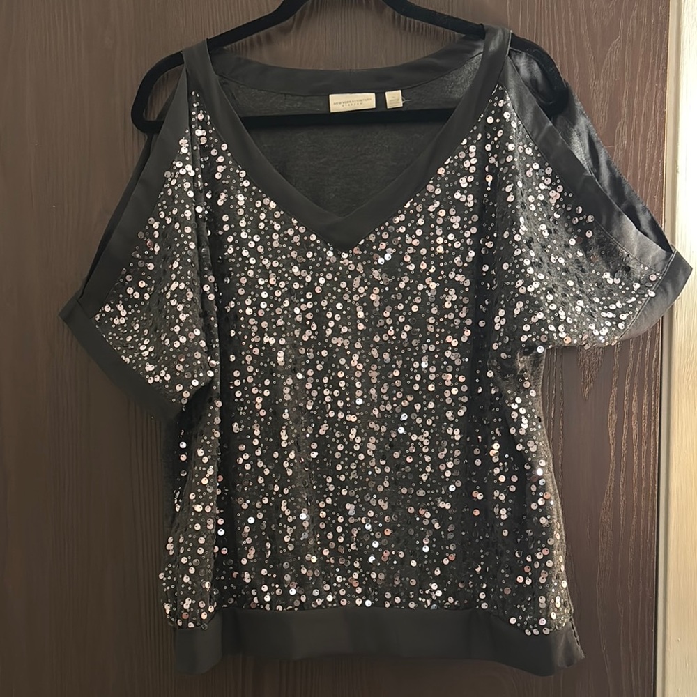 New York & Company Black Sequin Cut Out Blouse